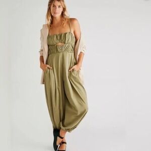 Free People Kingston Jumpsuit Olive Green Ruched Cutout Balloon Leg Small